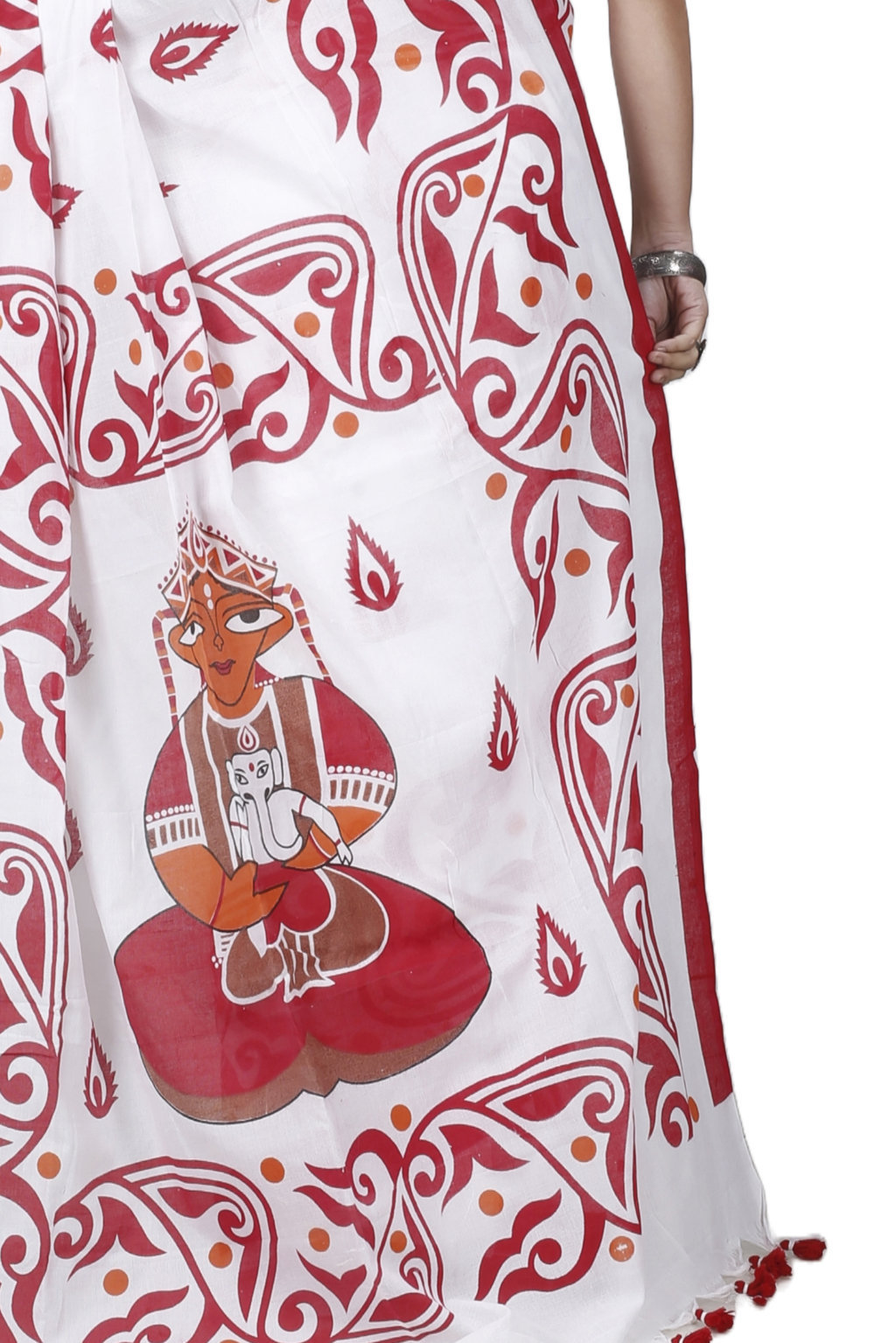 Red White Pure Cotton Teba Printed Handloom Saree (1262)